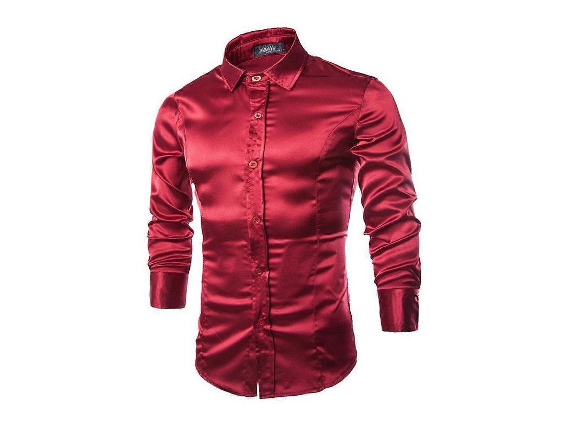 Camisa de seda brillante para hombre de lujo, manga larga, corte ajustado, informal, botones, musculosa Vino Rojo L