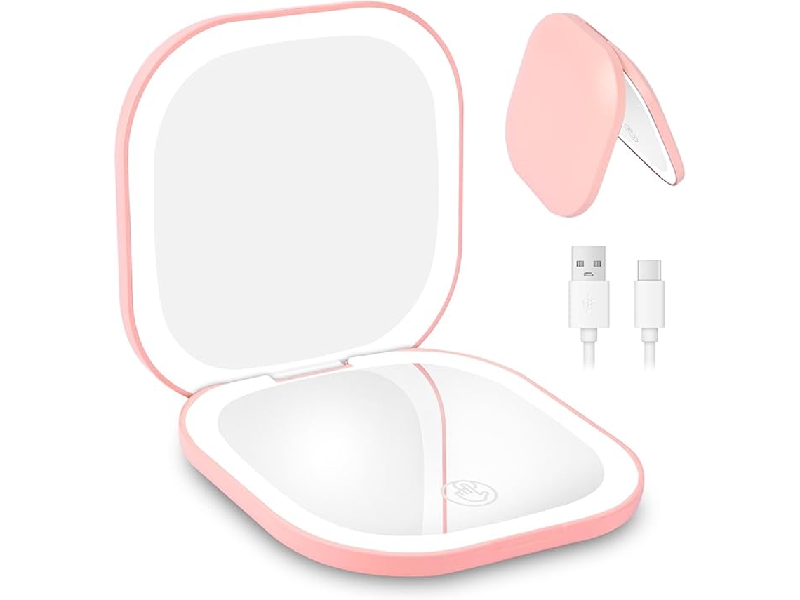 Espejo De Bolsillo Led Plegable, Aumento 1x/3x, Brillo Ajustable, Dos Caras – Rosa