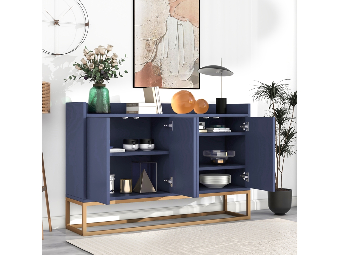 Aparador moderno y minimalista con 4 puertas sin tiradores, una elegante pieza de mobiliario para el comedor, el salón y la cocina, de color azul marino.