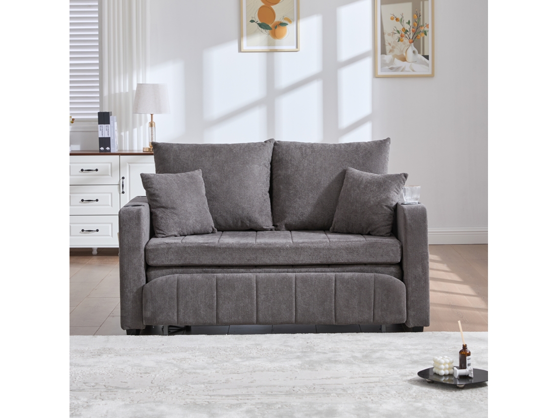 Sofá Cama 2 En 1 Para Espacios Pequeños, Con Almacenaje Lateral, Puertos Usb, Porta Vasos, Fundas Extraíbles, 4 Cojines, Color Gris.