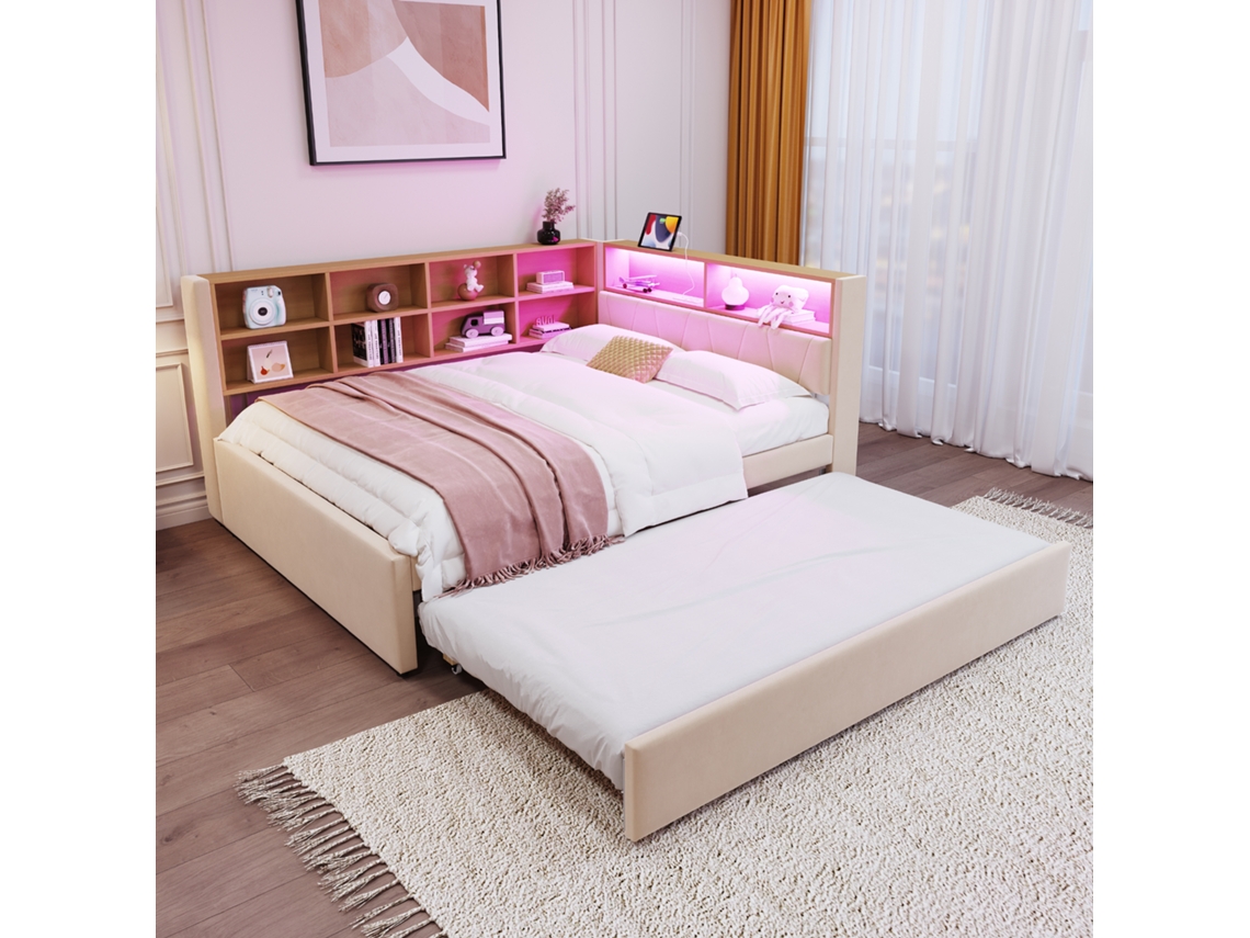 Sofá Cama 140x200 Cm Con Cama Extra 90x190 Cm, Usb Y Arcón – Beige (sin Colchón)