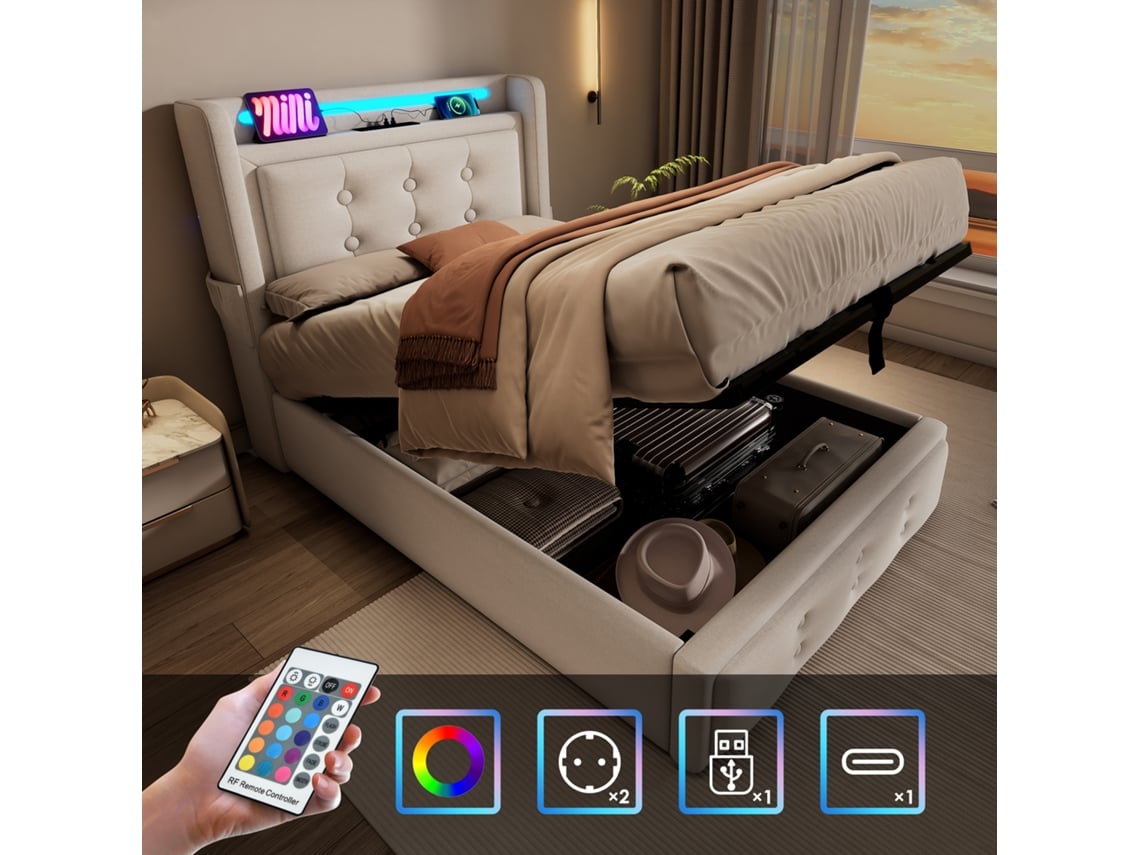 Cama Tapizada De 90x200 Cm Con Led, Usb C, Compartimento De Almacenamiento Hidráulico Y Estructura Metálica Beige.