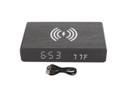 Reloj Digital De Madera Negra Con Iluminación Led Y Carga Inalámbrica, Decoración Para Dormitorio, Luz Blanca.