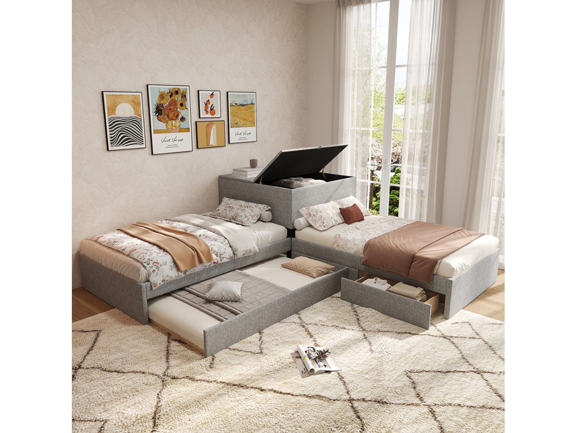 Cama Esquinera 90x200 - Cama Individual Con Nido, Almacenamiento, Cajón Y Armario - Gris