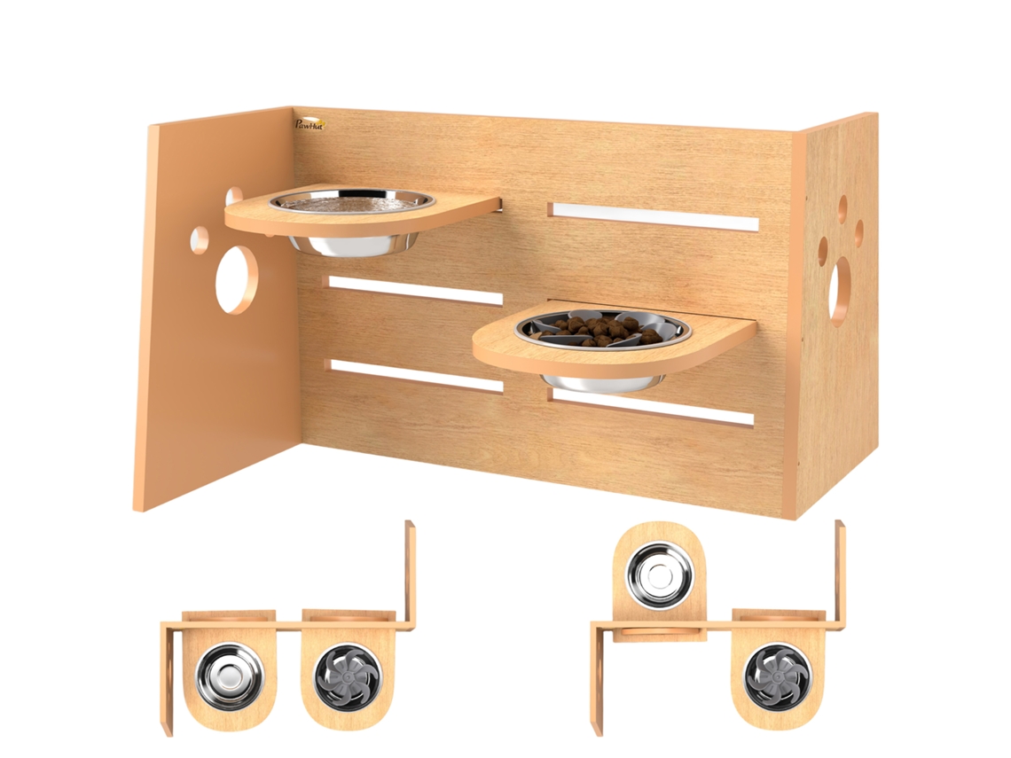 Comedero Elevado Para Perros Con 3 Alturas Ajustables, 2 Cuencos De Acero Inoxidable, 63 X 58,5 X 40 Cm, Roble.