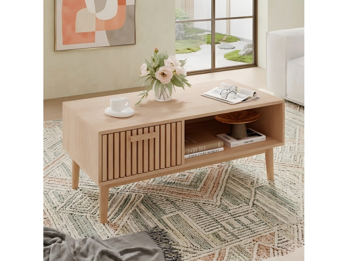 Mesa De Centro En Madera Clara, Estilo Escandinavo, Con Cajn Y Estantera, Multifuncional Para Saln, 100x50x43cm