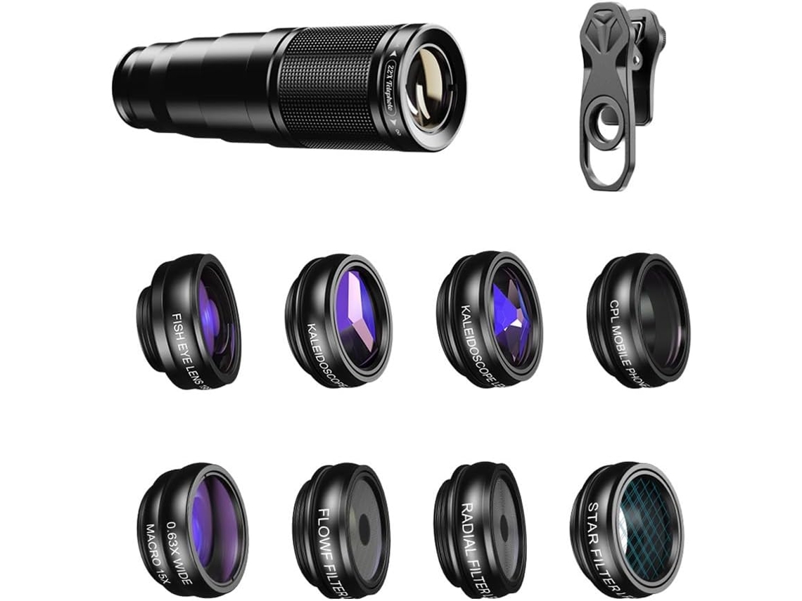 Kit De Lentes Para Teléfono 10 En 1: Teleobjetivo 22x, Ojo De Pez + Macro + Filtros Cpl Para Todos Los Smartphones.