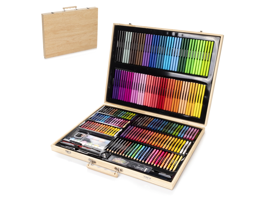 Set completo de Bellas Artes de madera para pintar y dibujar con 180 piezas: óleo, acuarelas, ceras, rotuladores, pasteles y lápices con accesorios.