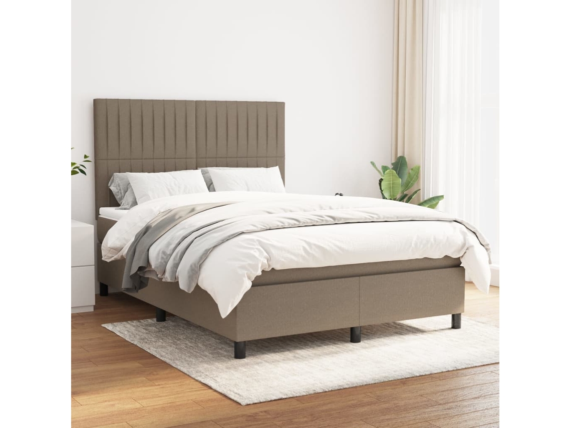 Cama Box Spring Con Colchón Tela Gris Taupe 140x190 Cm