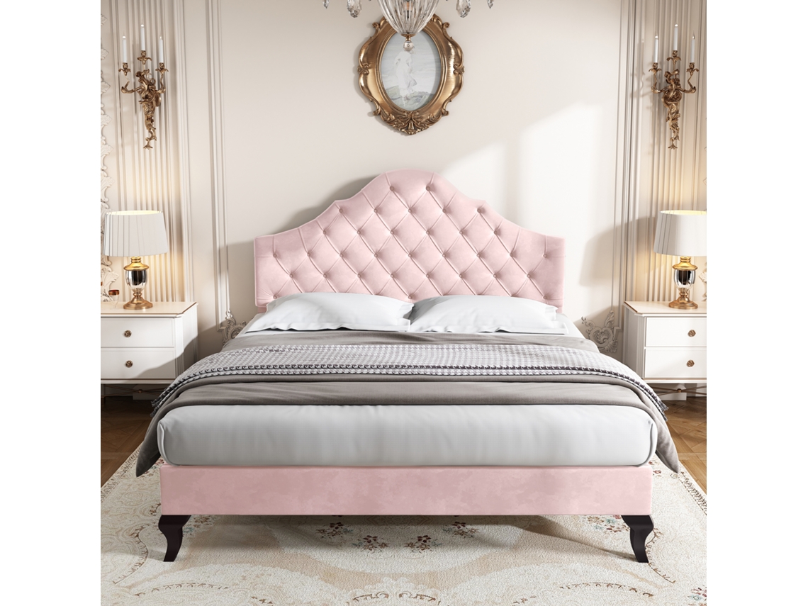 Cama Tapizada 140x200 Cm En Terciopelo Con Cabecero Ajustable Somier De Láminas - Rosa