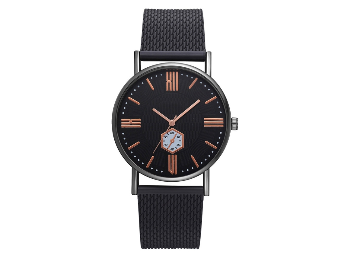 Reloj De Pulsera Unisex Para Negocios Con Correa De Silicona, Esfera Con Números Romanos, Negro + Oro Rosa.