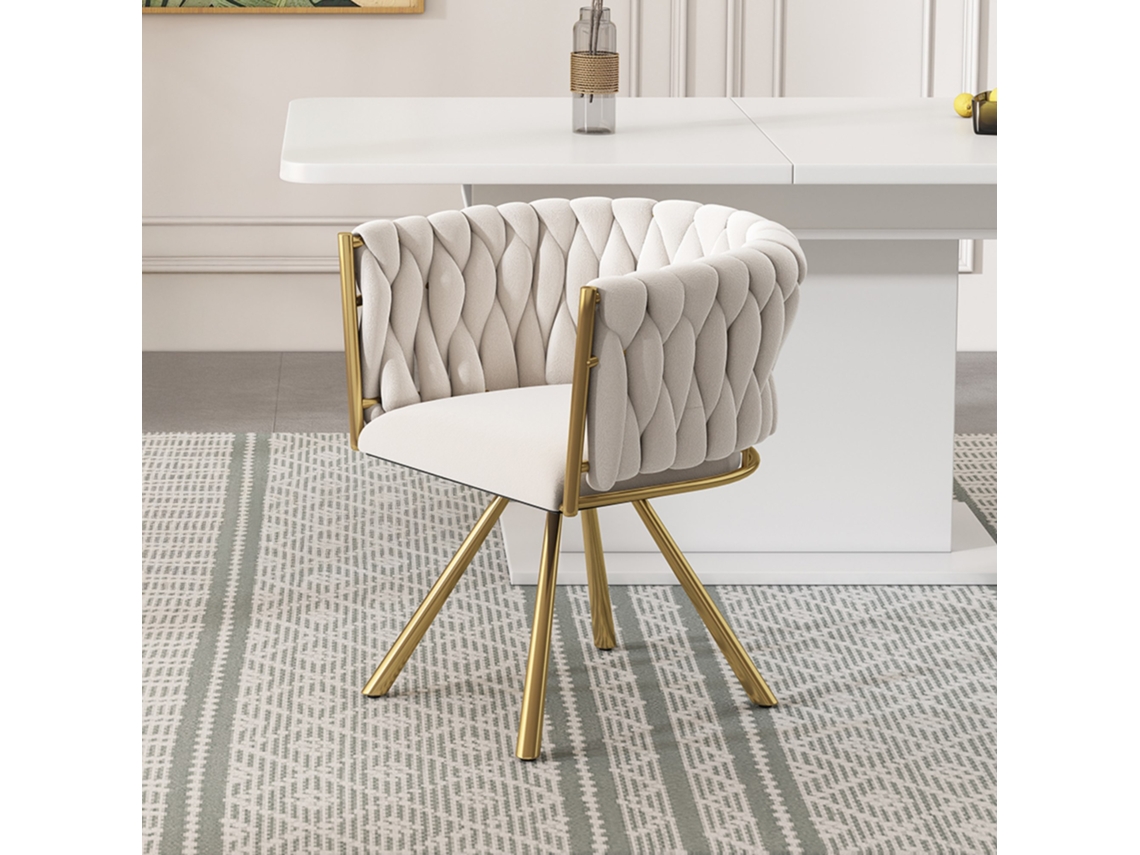Sillón giratorio de lujo para comedor en beige y dorado con patas de metal.