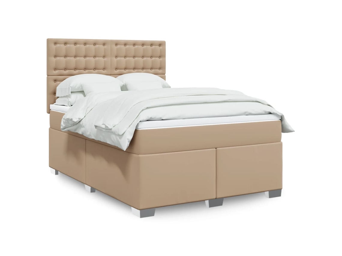 Cama Box Spring Con Colchón Cuero Sintético Capuchino 140x190cm