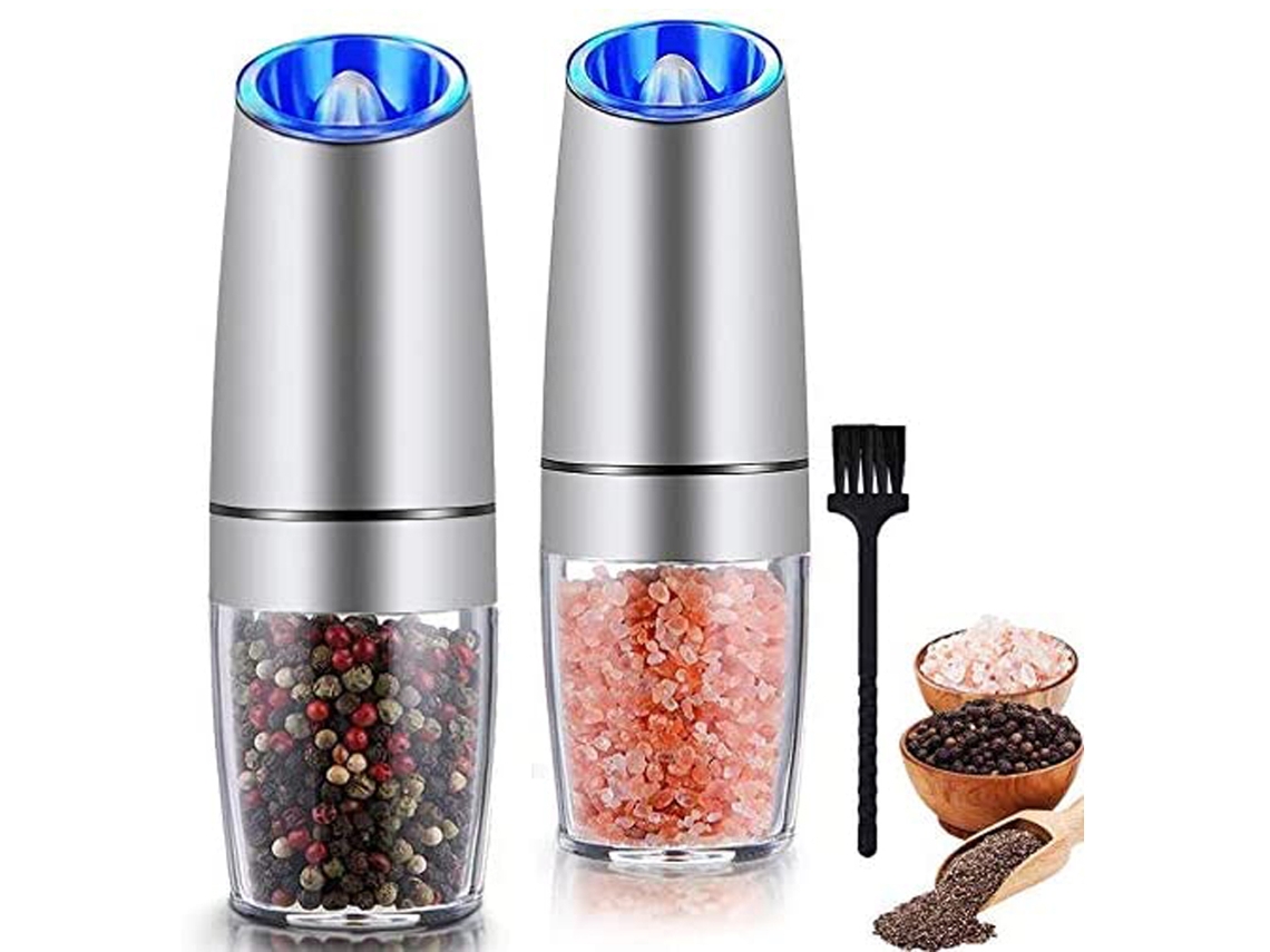 Molinillo de pimienta de gravedad 2020, molinillo eléctrico de sal y pimienta, molinillo de especias con mecanismo de grosor ajustable, salero y pimentero, molinillo de sal, luz LED azul (2 piezas)