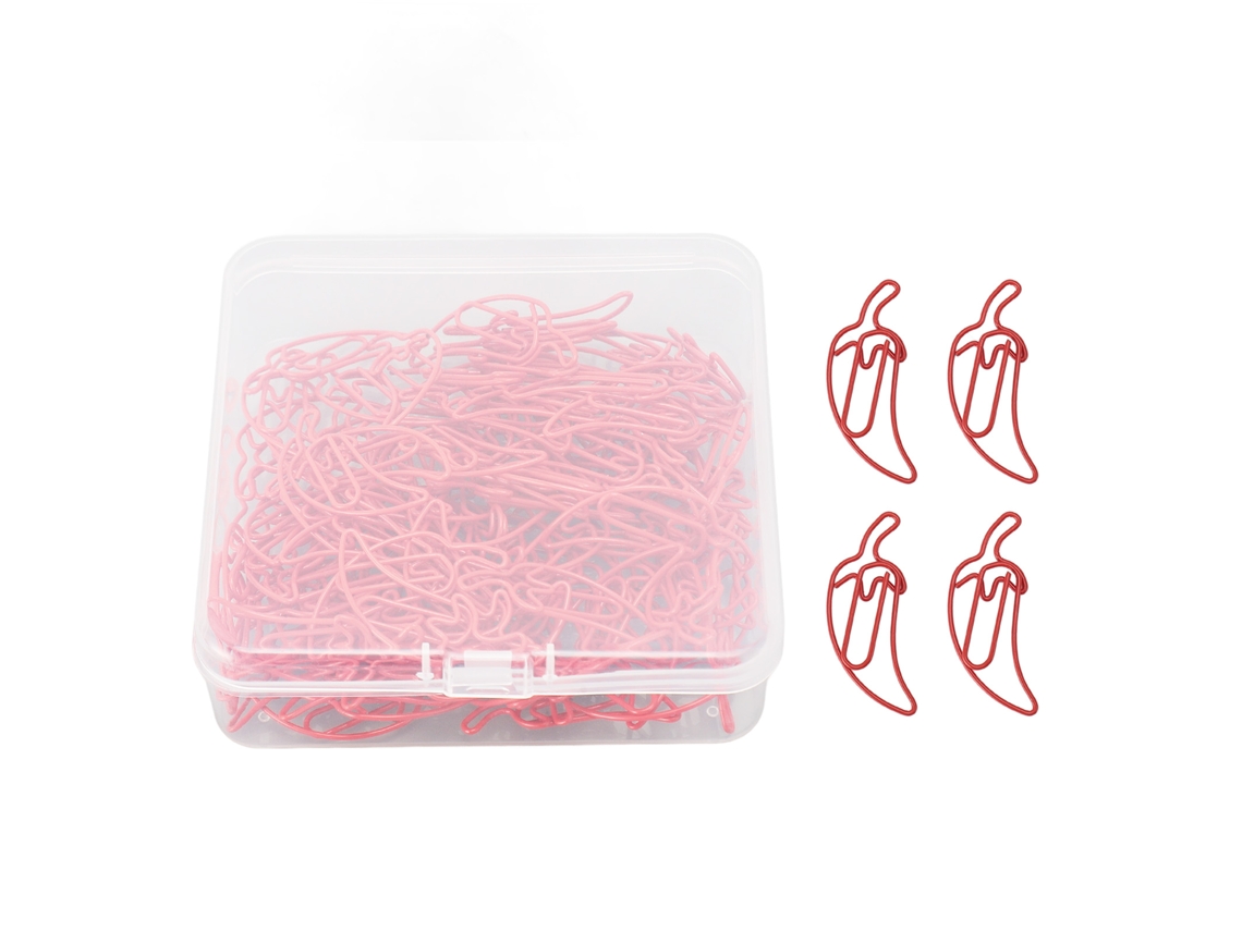 100 Clips de Papel Decorativos em Forma de Pimenta Vermelha com Caixa Transparente para Escritório