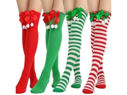 2026-4 Pares Medias Largas De Rodilla Para Mujer Con Rayas Y Lazo Navideño
