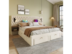 Juego De Dormitorio Completo - Cama Tapizada 160x200 Cm - 2 Mesitas, 4 Cajones, Luz Led, Beige, Terciopelo