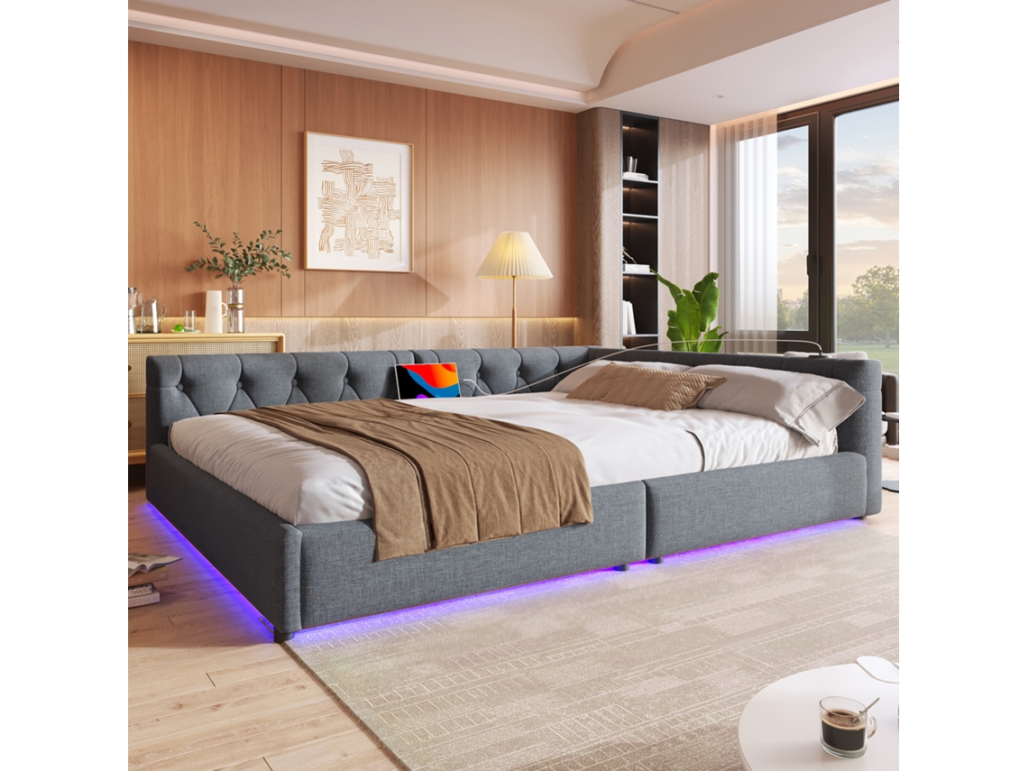 Sofá Cama 140x200 Cm - Sofá Con Somier De Láminas, Iluminación Ambiental Con Mando A Distancia - Gris