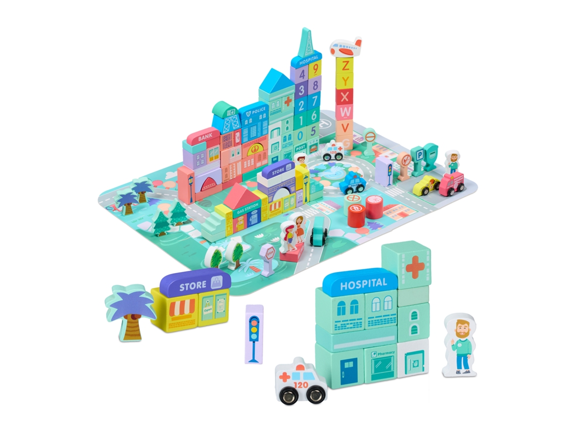 Relaxdays Bloques De Madera, Puzzle Ciudad 108 Piezas Letras, Números, Juego Niños A Partir De 3 Años, Base, Multicolor