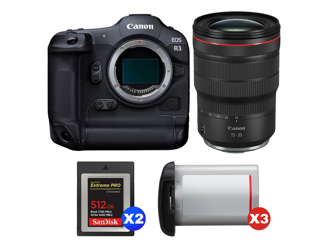 Canon Eos R3 + Rf 15-35mm F/2.8 L Is Usm + 2 Sandisk 512gb Extreme Pro Cfexpress Type B + 3 Canon Lp-e19 + Ebook Pricedirect