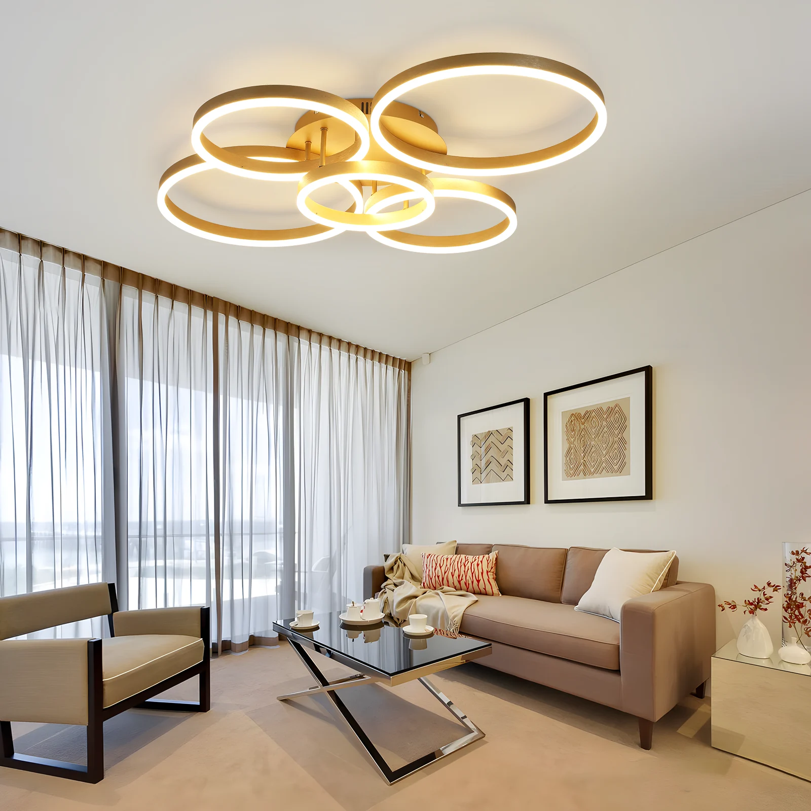 Lámpara de techo LED para salón, 78 W, regulable, con mando a distancia, 5 anillos, color dorado.