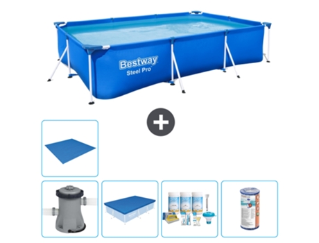 Piscina BESTWAY rectangular Steel Pro - 300 x 201 x 66 cm - Azul - Bomba incluida Cubrir - Paquete de mantenimiento - Filtrar - Suelo