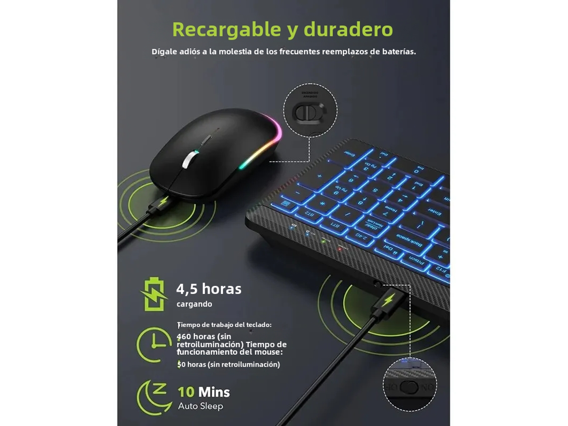 Combo De Teclado Y Ratón Inalámbricos Con Retroiluminación A Color, Recargable, Bluetooth Multidispositivo.