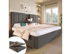 Cama Tapizada 140x200 Cm - Con Almacenamiento, Soporte Para Bebida Y Estación De Carga - Gris