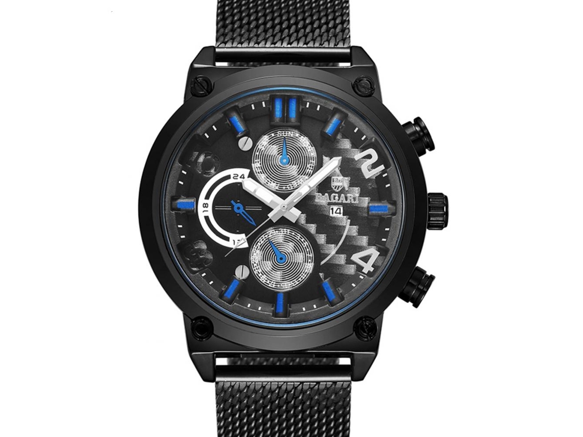 Reloj Hombre Deportivo Correa Malla Cuarzo Dial Redondo Bagari Negro Azul