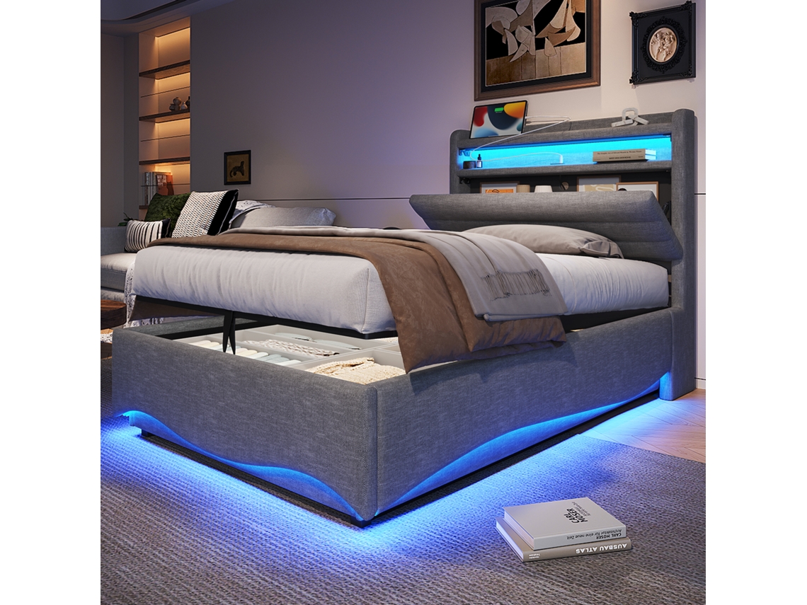 Cama Tapizada Gris De 90x200 Con Estantes Led Usb-c