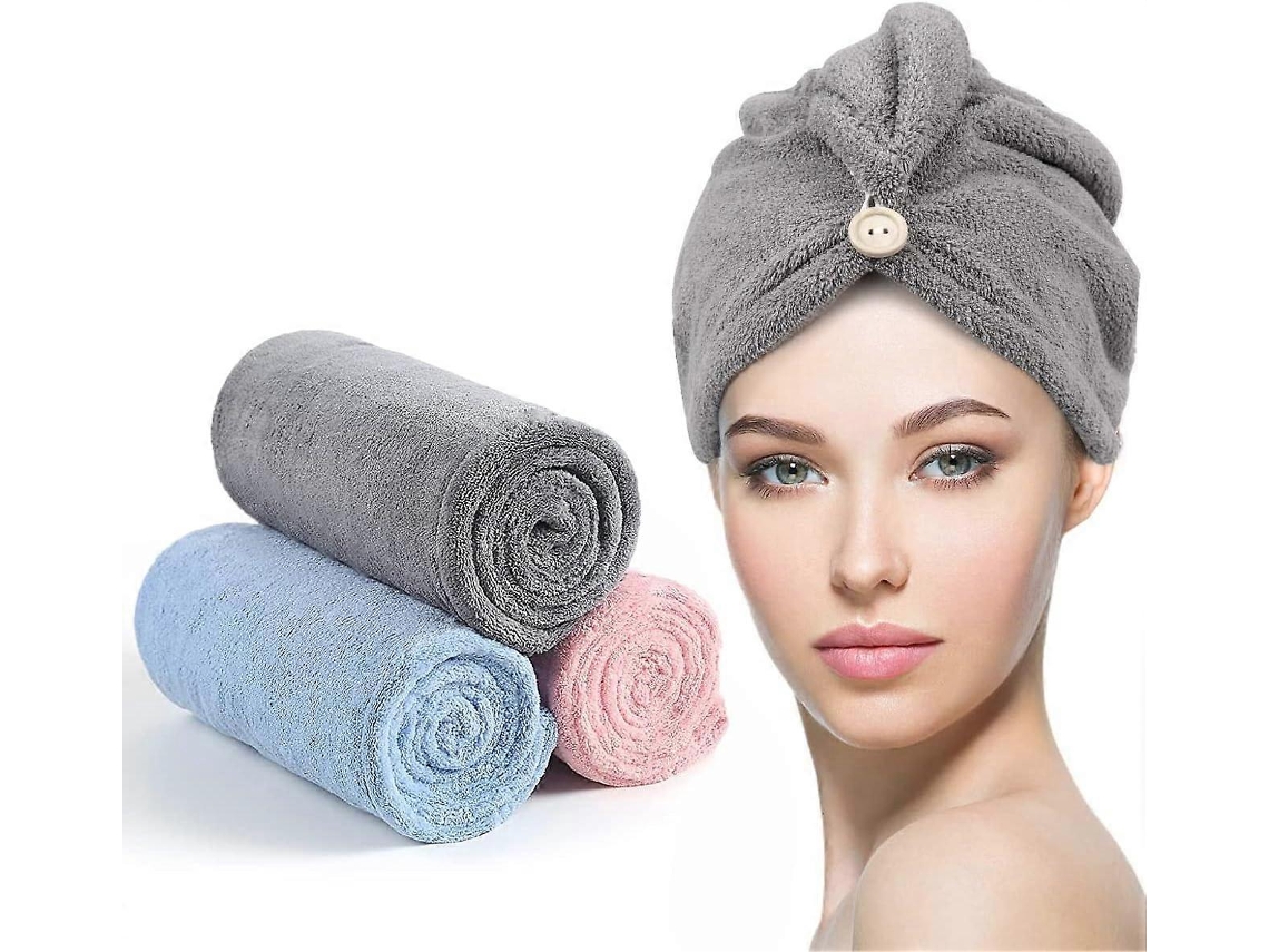 Juego de 3 toallas para secar el cabello, gorro de secado rápido con botones, turbante superabsorbente con diseño de botones. Rosewell