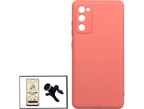 Kit Cristal Templado CeramicGlass Full Cover, Funda Silicona y Soporte Magnético de Coche Reforzado Samsung Galaxy M02s PHONECARE Rosa
