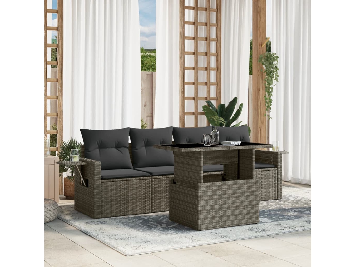 Conjunto de sofá de jardín de 5 piezas con cojines de ratán gris Lovely Home