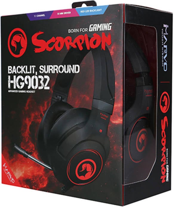 Scorpion Mahg9032 Auriculares gaming 7.1 negros de diadema con cable micrófono luz led y rojo sonido marvo hg9032 para videojuegos virtual 50 mm usb 2.0 omnidireccional iluminación