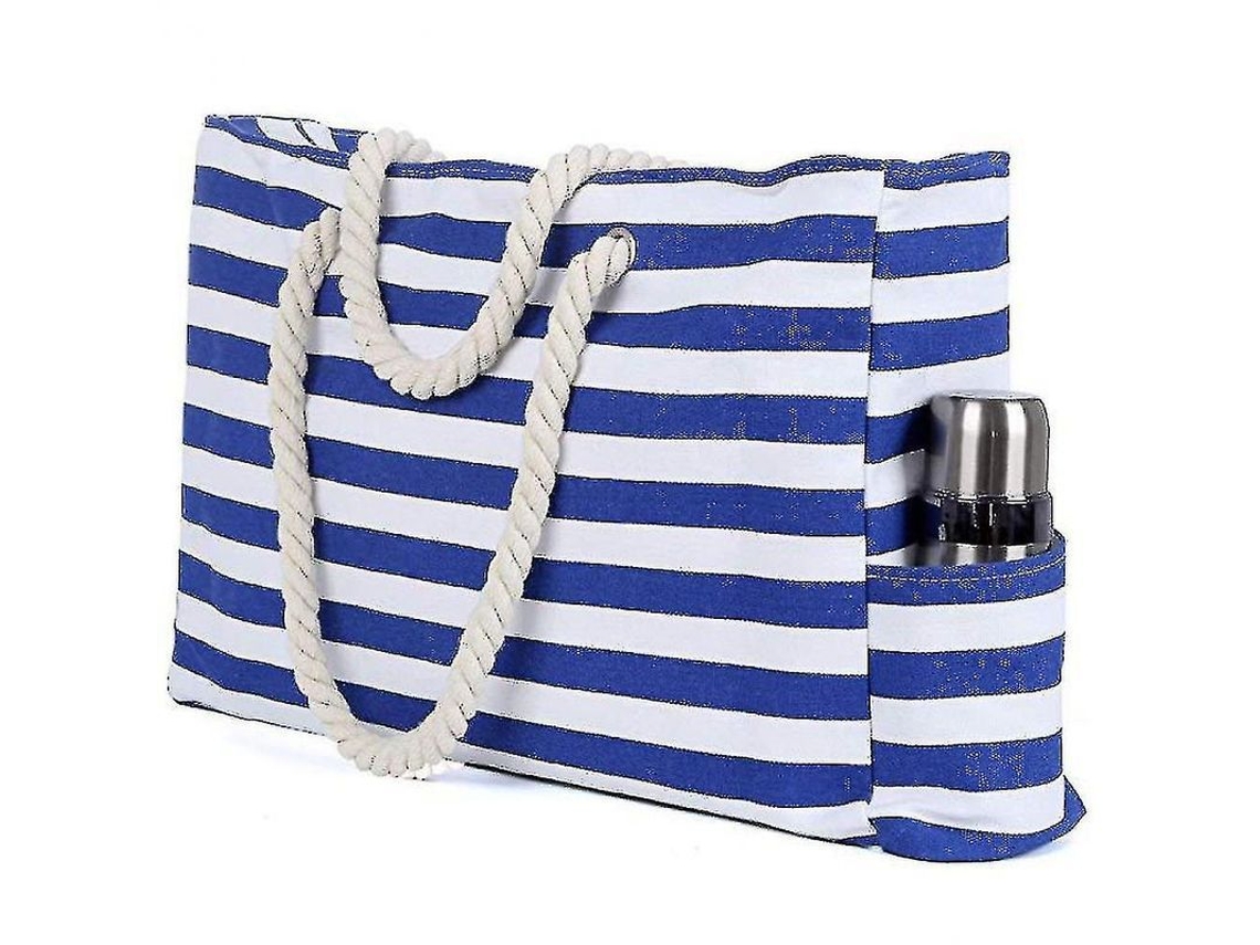 2026-bolsa De Playa Grande Con Asas De Cuerda De Algodón, Lona A Rayas Azules Y Bolsillo Interior Impermeable