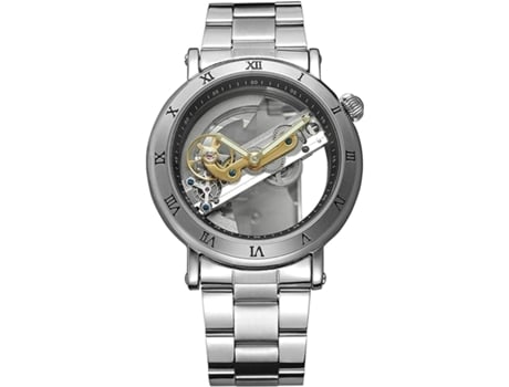 VEANXIN Reloj automático para hombre, esfera de esqueleto hueco transparente, relojes de acero inoxidable en tono plateado-Plata