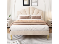 Cama Infantil De Terciopelo 140x190 Cm Con Somier De Láminas - Cabecero En Forma De Concha - Beige