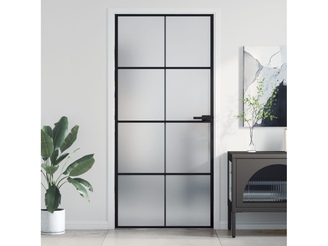 Puerta Interior Delgada Negra Vidrio Y Aluminio 93x201,5 Cm