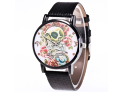 Reloj De Cuarzo Con Correa De Cuero Pu Dial Redondo Patrón Calavera Unisex Negro Zhoulianfa