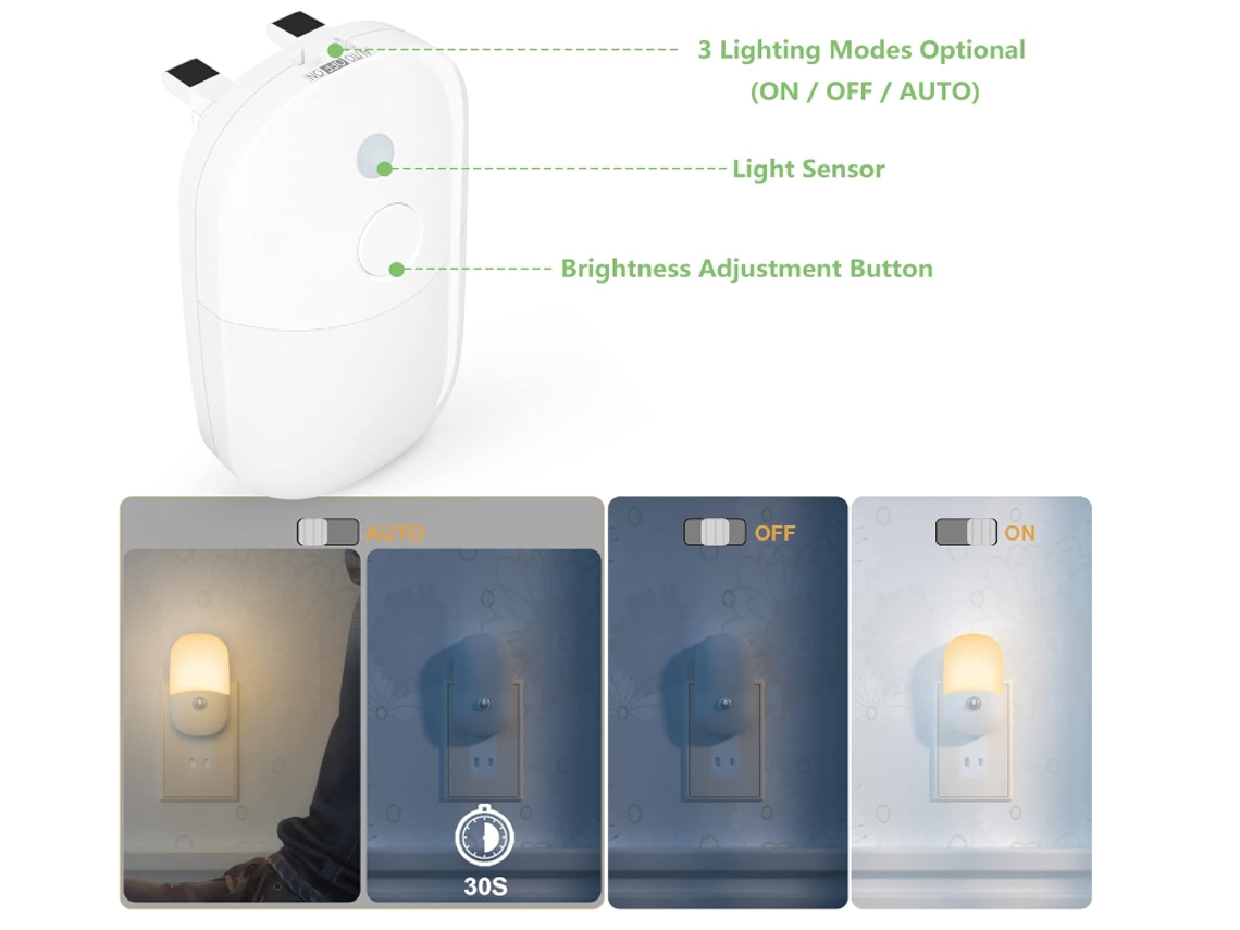 Luz nocturna LED con sensor de movimiento enchufable en la pared con lámpara blanca cálida luz nocturna activada por movimiento PIR para niños/adultos escaleras pasillo cocina IKIKSO