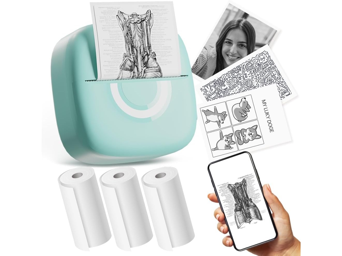 Impresora Térmica Portátil Bluetooth Con 3 Rollos De Papel De Impresión, Compatible Con Ios Y Android, Color Azul GERTIZ