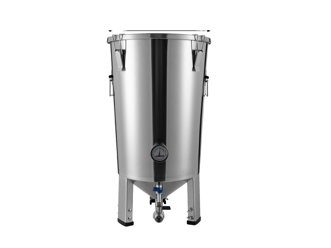 Máquina de fermentación, capacidad de 32 litros, construcción de acero inoxidable, gris claro.