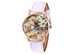 Reloj De Pulsera De Cuarzo Con Correa De Pu Patrón Flor Y Pájaro Zhoulianfa (blanco)