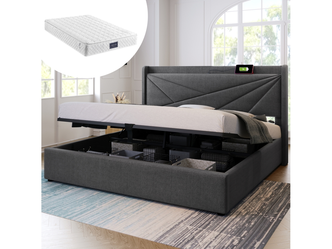 Cama Doble De 160x200 Cm Con Cabecero Usb-c Y Somier De Láminas Con Espacio De Almacenamiento Colchón Incluido.