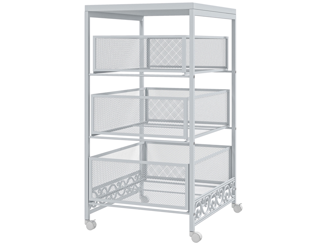 Carro De Almacenamiento Con 3 Niveles Y 3 Cestas, Blanco, 34x29,5x57,5