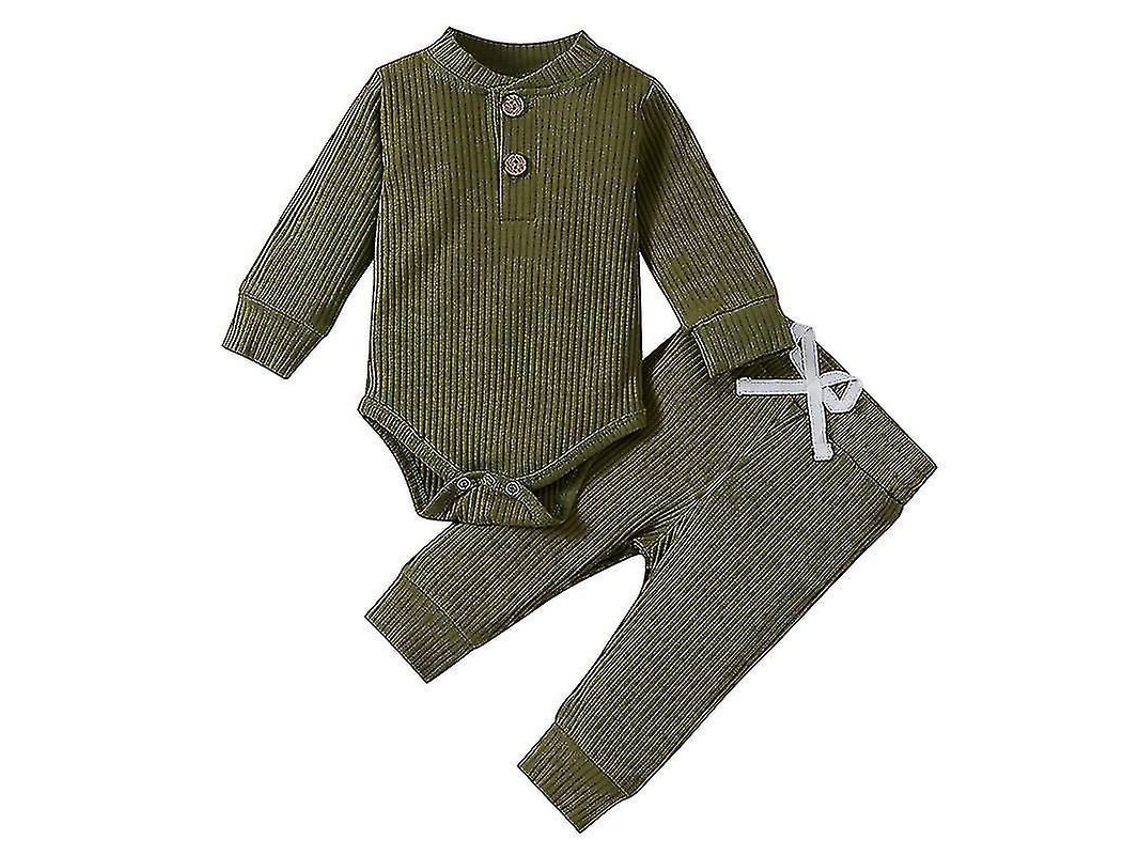 2026-conjunto 2 Piezas Para Bebé: Blusa Cuello Redondo Manga Larga Y Pantalones Con Cintura Elástica, Color Sólido, Verano
