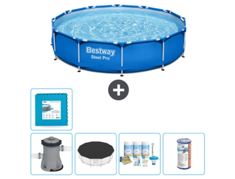 Piscina BESTWAY Round Steel Pro - 366 x 76 cm - Azul - Bomba incluida Cubrir - Paquete de mantenimiento - Filtrar - Baldosas