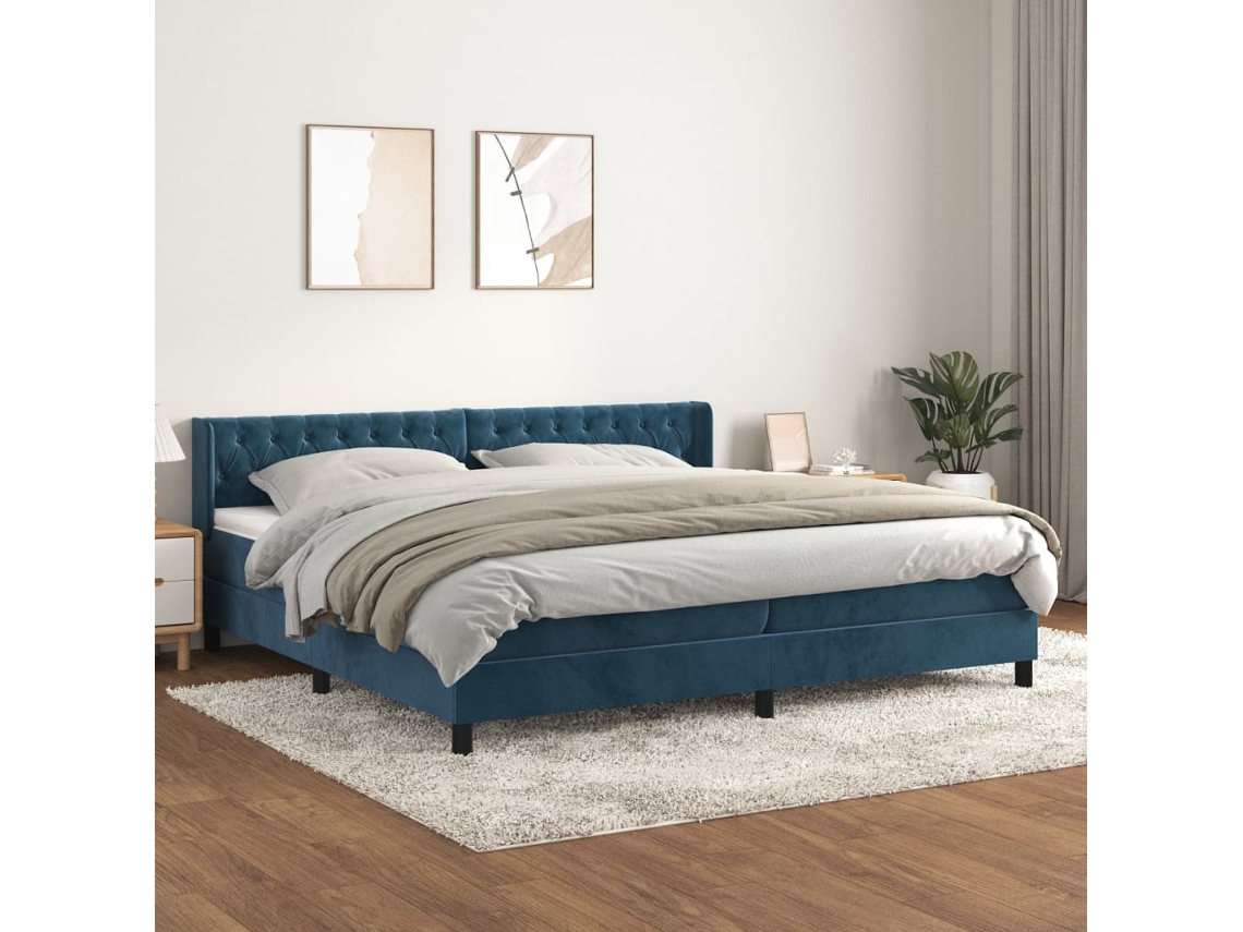 Cama Box Spring Con Colchón Terciopelo Azul Oscuro 200x200 Cm