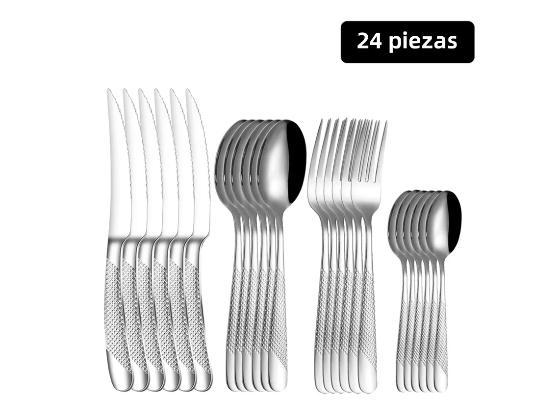 (24 Piezas De Plata) Juego De Cubiertos De Acero Inoxidable Silver Star Diamond: Cuchillo, Tenedor Y Cuchara