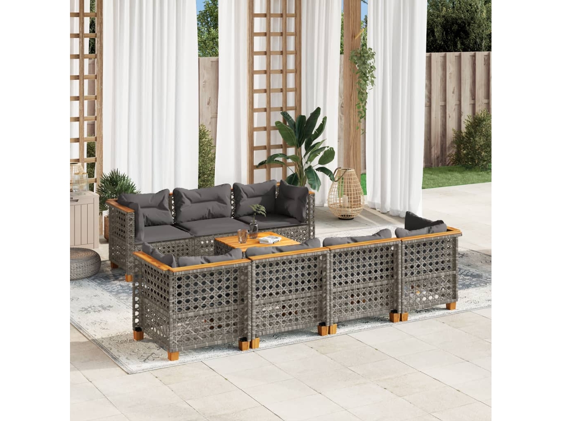 Conjunto de sofá de jardín de 8 piezas con cojines, ratán gris, DKD Home Decor